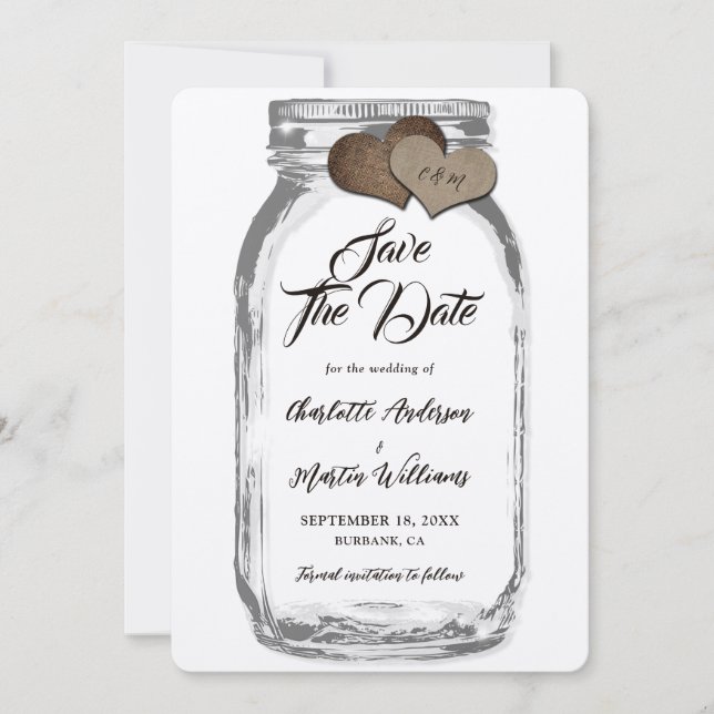 Rustic Kraft Mason Jar Burlap Hearts Wedding Save The Date (Vorderseite)