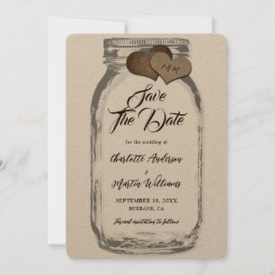 Rustic Kraft Mason Jar Burlap Hearts Wedding Save The Date