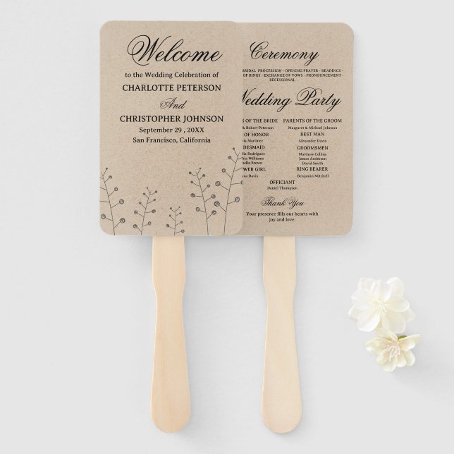Rustic Kraft Minimalistische Blume Hochzeitsprogra Fächer (Vorne und Hinten)