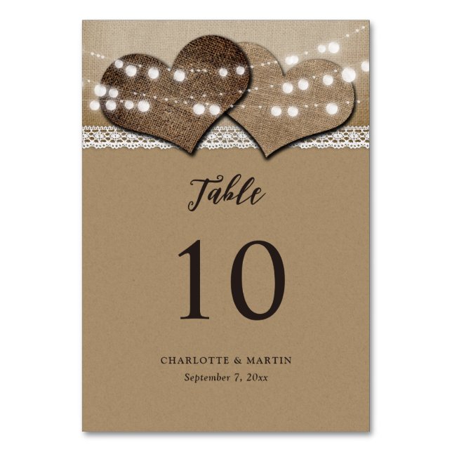 Rustic Kraft Paper Burlap Hearts Country Wedding Tischnummer (Vorderseite)