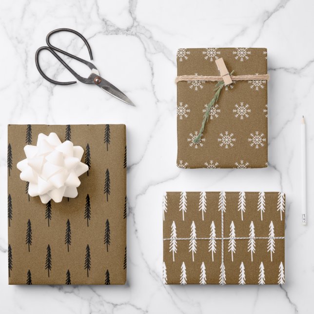 Rustic Kraft Paper Christmas Tree Muster Geschenk Geschenkpapier Set (Vorderseite)