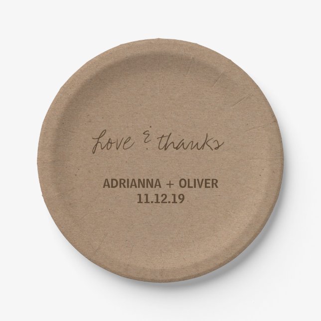 Rustic Kraft Paper Country Wedding Liebe & Danke Pappteller (Vorderseite)