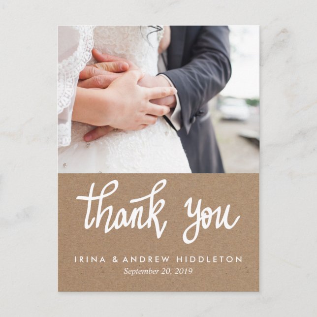 Rustic Kraft Paper Danke Script Couple Foto Postkarte (Vorderseite)