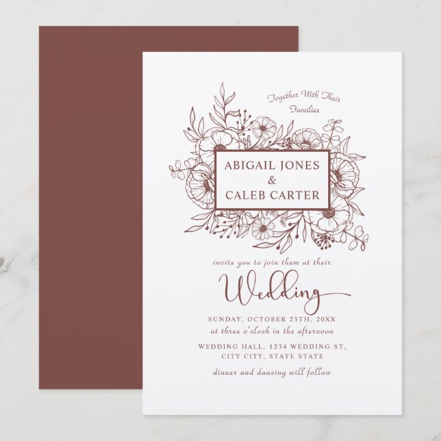 Rustic Kraft Paper Floral Sketch Wedding Einladung (Vorne/Hinten)