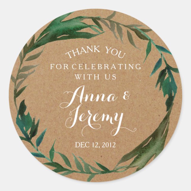 Rustic Kraft Paper Green Wreath Wedding Sticker (Vorderseite)