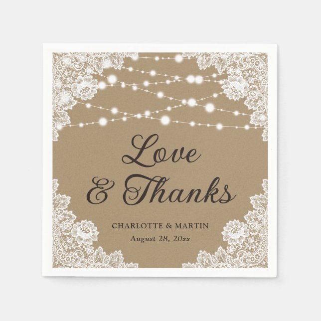 Rustic Kraft Paper Lace Liebe and Danke Wedding Serviette (Vorderseite)