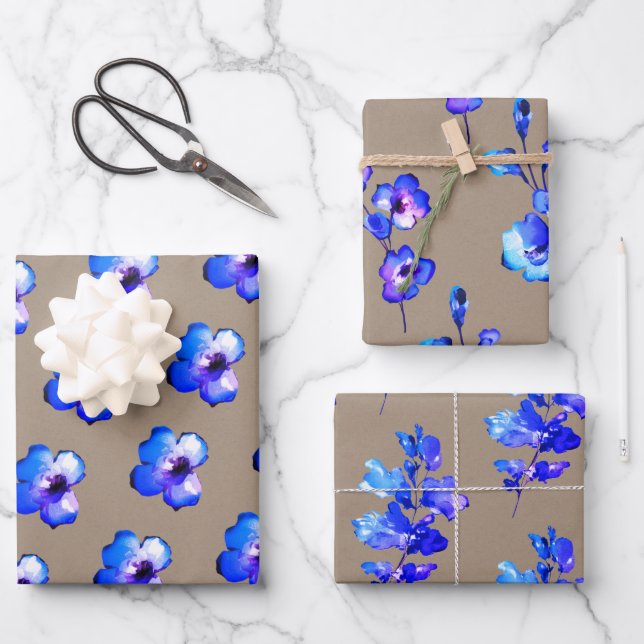 Rustic Kraft Paper Lila Aqua Blue Blume Petals Geschenkpapier Set (Vorderseite)