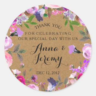 Rustic Kraft Paper Lila Floral Wedger Sticker