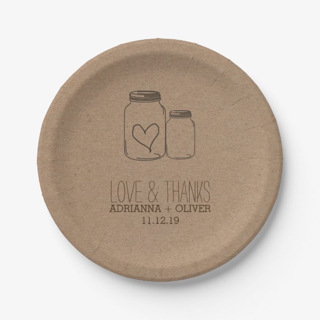 Rustic Kraft Paper Mason Jars Heart Wedding Pappteller (Vorderseite)