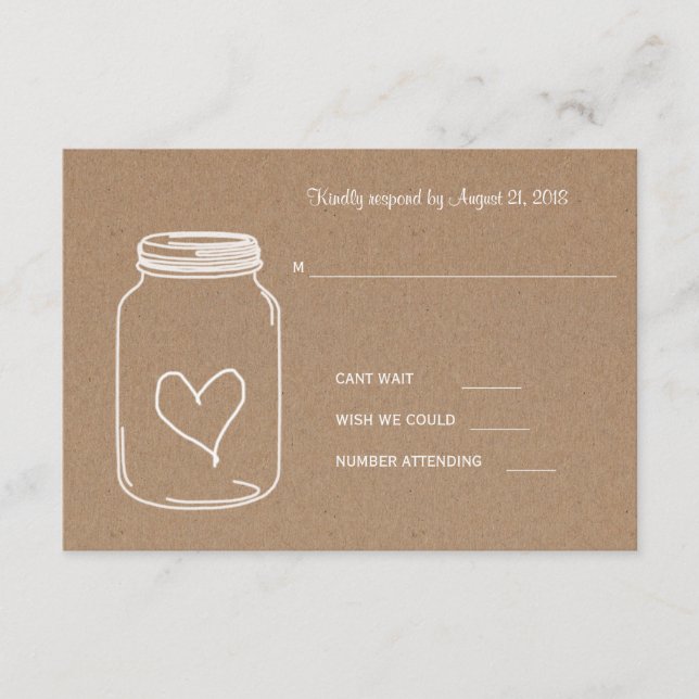 Rustic Kraft Paper Masonjar Heart Wedding RSVP Karte (Vorderseite)
