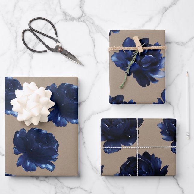 Rustic Kraft Paper Navy Blue Peongs Geschenkpapier Set (Vorderseite)