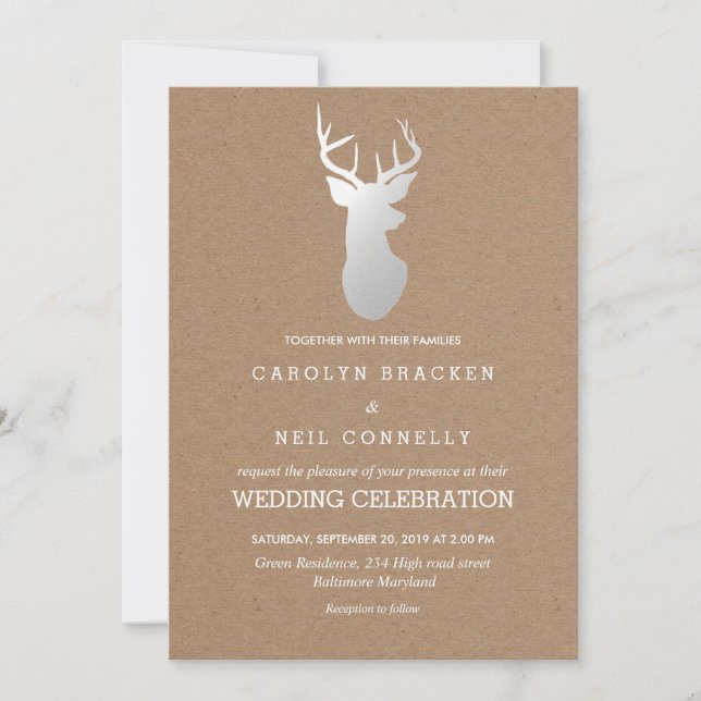 Rustic Kraft Paper Silver Antler Wedding Einladung (Vorderseite)