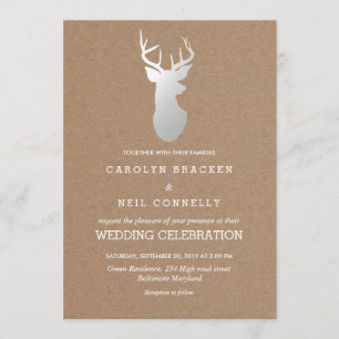 Rustic Kraft Paper Silver Antler Wedding Einladung