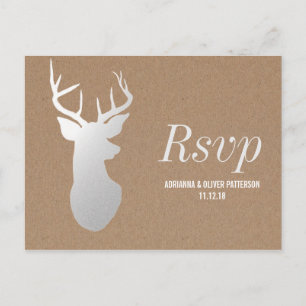 Rustic Kraft Paper Silver Antler Wedding RSVP Einladungspostkarte