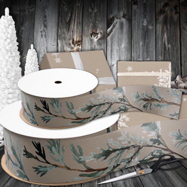 Rustic Kraft Paper Silver Blue Juniper Tree Branch Ripsband (Rustic Kraft Paper Silver Blue Spruce Cedar Branch Grosgrain Ribbon In 1.5 & 3 Inch Widths)