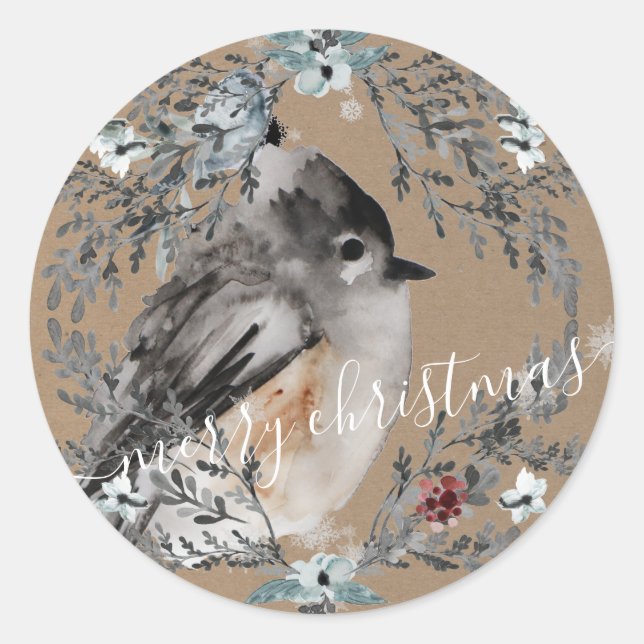Rustic Kraft Paper Sparrow Bird Frohe Weihnachten Runder Aufkleber (Vorderseite)