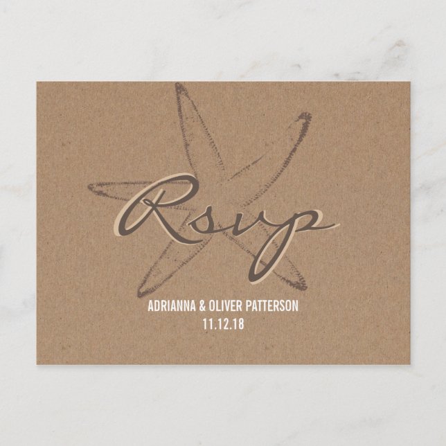Rustic Kraft Paper Starfish Nautical Wedding RSVP Einladungspostkarte (Vorderseite)