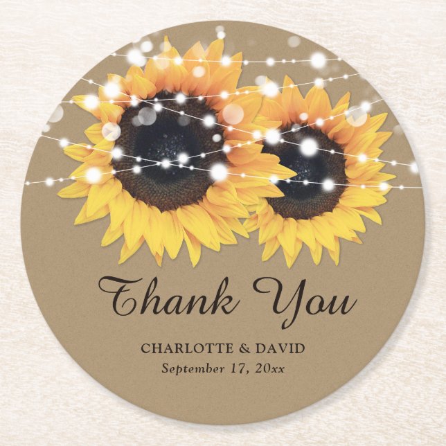 Rustic Kraft Paper Sunflower Wedding Vielen Dank Runder Pappuntersetzer (Vorderseite)