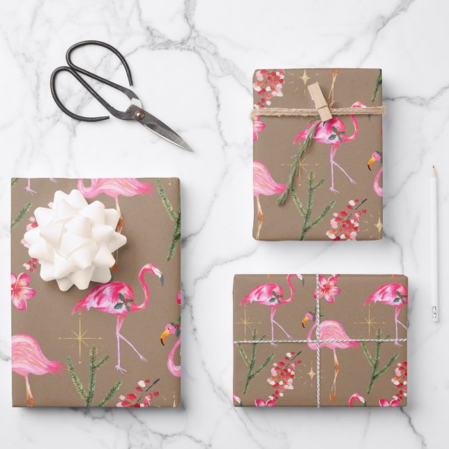 Rustic Kraft Pink Flamingo Weihnachtsfeiertag Geschenkpapier Set (Vorderseite)