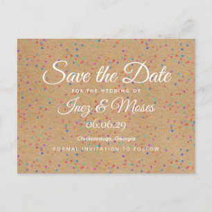 Rustic Kraft Rainbow Confetti Save the Date Ankündigungspostkarte