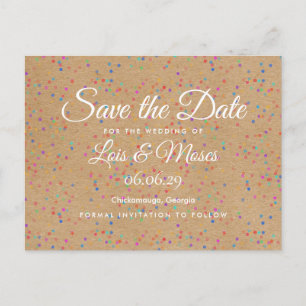 Rustic Kraft Rainbow Confetti Save the Date Ankündigungspostkarte