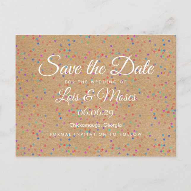 Rustic Kraft Rainbow Confetti Save the Date Postkarte (Vorderseite)