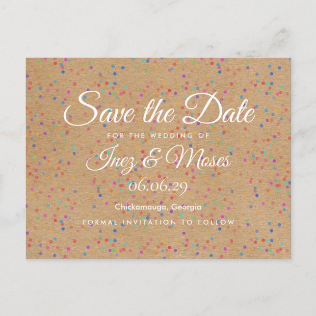 Rustic Kraft Rainbow Confetti Save the Date Postkarte (Vorderseite)