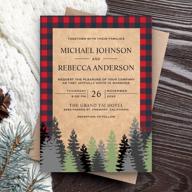 Rustic Kraft Red Buffalo Kariert Evergreen Wedding Einladung (Von Creator hochgeladen)