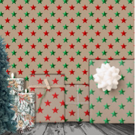 Rustic Kraft Red Green Stars Weihnachtsfeiertag Geschenkpapier Set