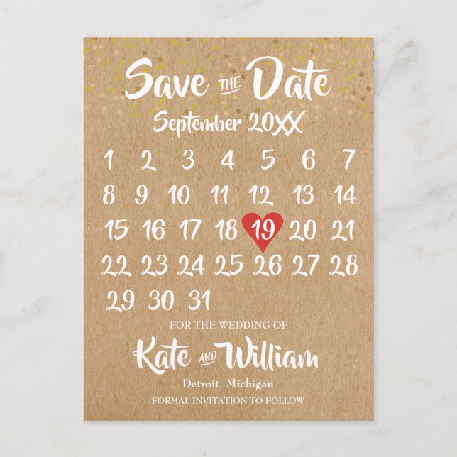 Rustic Kraft Red Heart Calendar Save the Date Postkarte (Vorderseite)