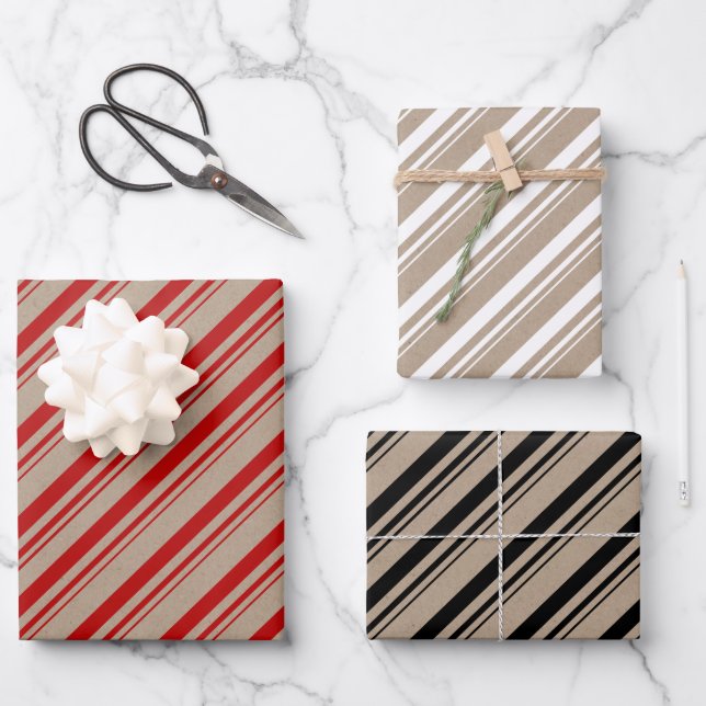 Rustic Kraft Red White Black Candy Stripes Geschenkpapier Set (Vorderseite)