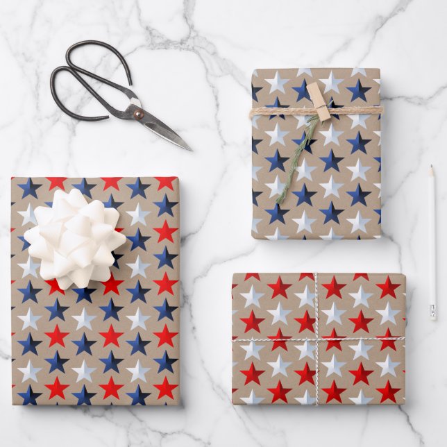 Rustic Kraft Red White & Blue US Flag Stars Geschenkpapier Set (Vorderseite)