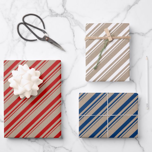 Rustic Kraft Red White Candy Stripes Geschenkpapier Set (Vorderseite)