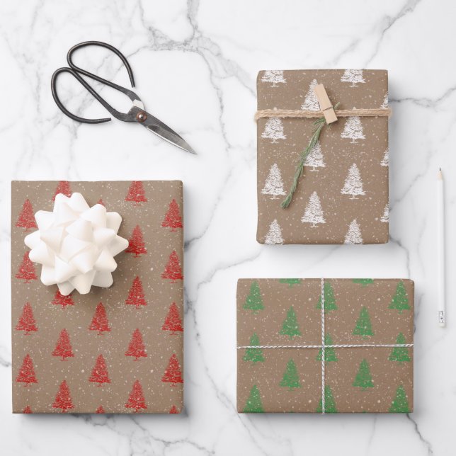 Rustic Kraft Red White Green Snowy Weihnachtsbaume Geschenkpapier Set (Vorderseite)
