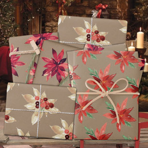 Rustic Kraft Red & White Holiday Poinsettias  Geschenkpapier Set