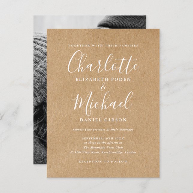 Rustic Kraft Signature Script Foto Wedding Einladungspostkarte (Vorne/Hinten)