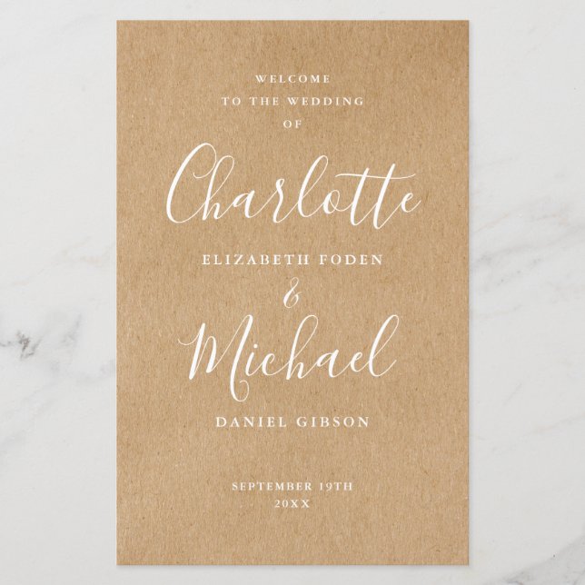 Rustic Kraft Signature Script Wedding Program (Vorderseite)