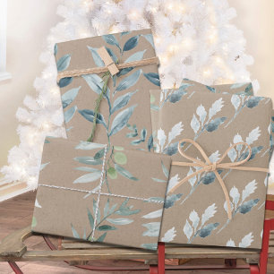 Rustic Kraft Silver Blue Winter Greenery Geschenkpapier Set