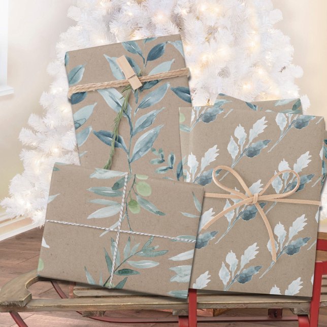 Rustic Kraft Silver Blue Winter Greenery Geschenkpapier Set (Rustic Kraft Blue Winter Greenery Gift Wrapping Paper Sheets Trio.)