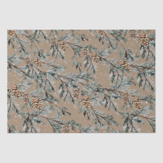 Rustic Kraft Snowy Blue Juniper Branchen & Cones Seidenpapier (Vorderseite)