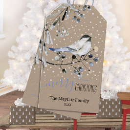 Rustic Kraft Snowy Chickadee Bird Frohe Weihnachte Geschenkanhänger