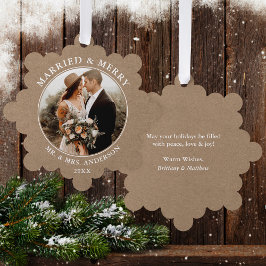 Rustic Kraft Verheiratet und Merry Wedding Foto Ornament Karte