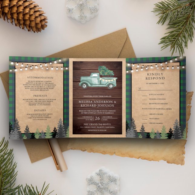 Rustic Kraft Vintag Green Christmas Dreifach Gefaltete Einladung (Von Creator hochgeladen)