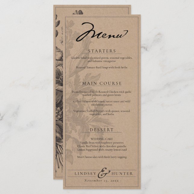 Rustic Kraft Vintage Floral Romantic Wedding Menükarte (Vorne/Hinten)