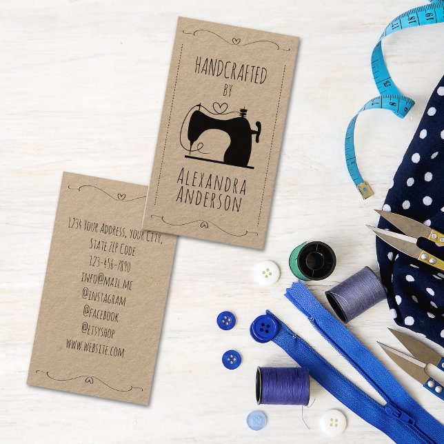 Rustic Kraft Vintage Sewing Machine Handcrafted  Visitenkarte (Kraft Vintage Sewing Machine Hand Craft Business Card)