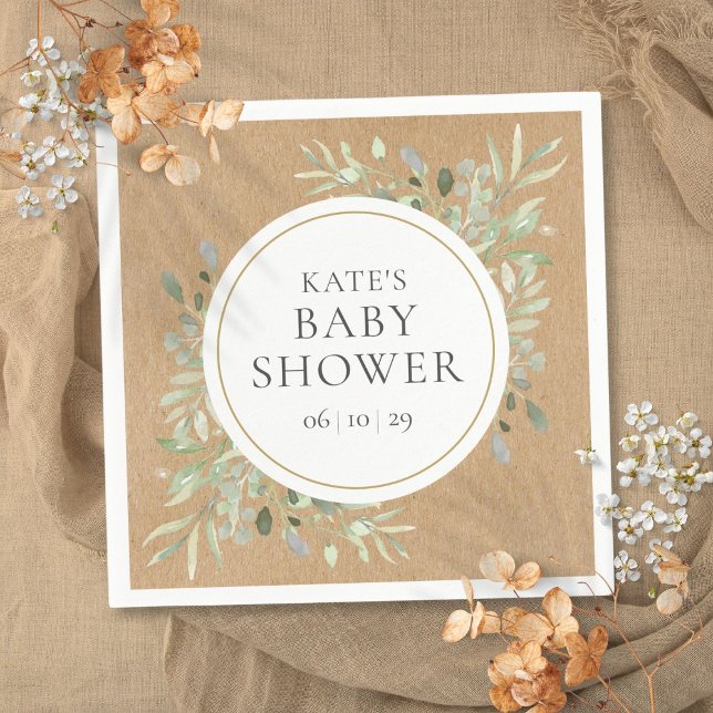 Rustic Kraft Watercolor Greenerity Baby Shower Serviette (Rustic Kraft Watercolor Greenery Baby Shower Napkins)