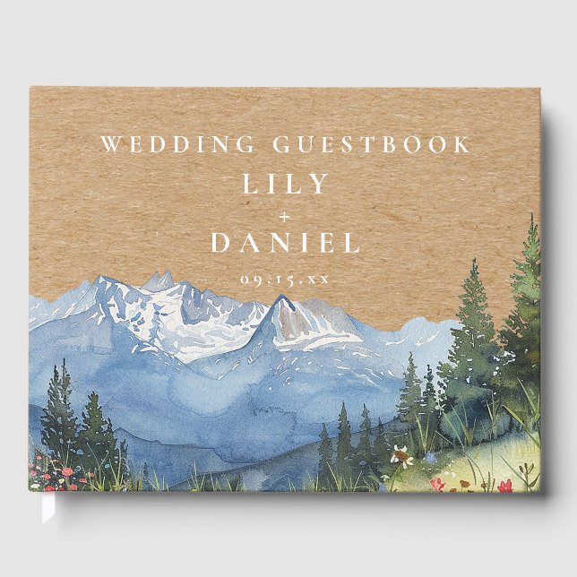 Rustic Kraft Watercolor Mountain Floral Wedding Gästebuch (Vorderseite)