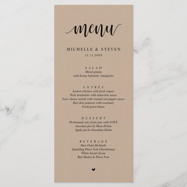 Rustic Kraft Wedding Elopement Dinner Menu Menükarte (Vorderseite)
