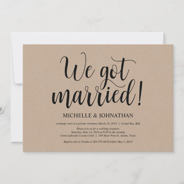 Rustic Kraft Wedding Elopement Empfang lädt ein Einladung (Vorderseite)