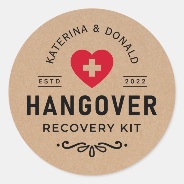 Rustic Kraft Wedding Hangover Erholung Kit Runder Aufkleber (Vorderseite)